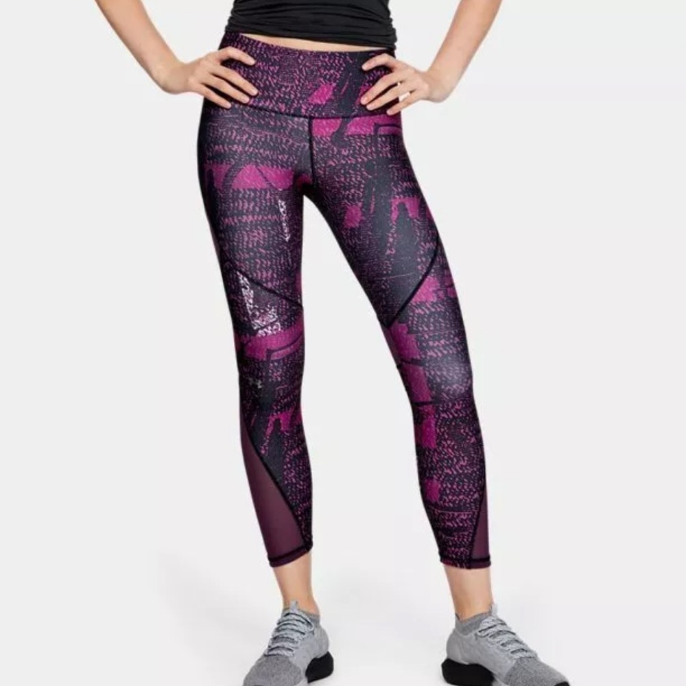 UNDER ARMOUR WOMEN'S HEATGEAR MESH PRINTED ANKLE CROP PURPLE Leggings